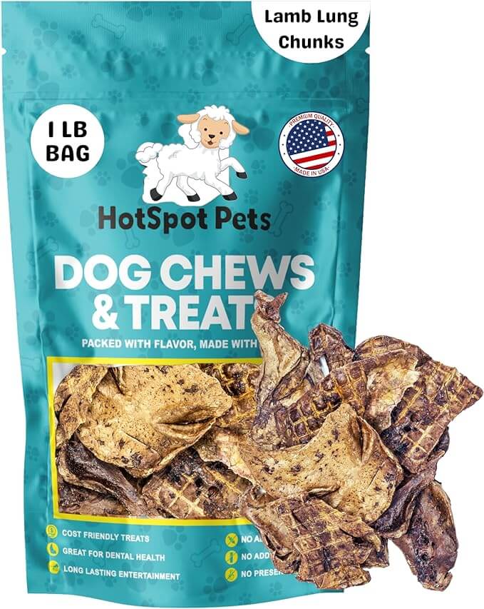 Hotspot Premium Lamb Lung Dog Treats - Slow Roasted All Natural Dehydrated Premium Chew Treats for Dogs - No Hormone- Rawhide Alternative Snack for All Breeds - 1LB