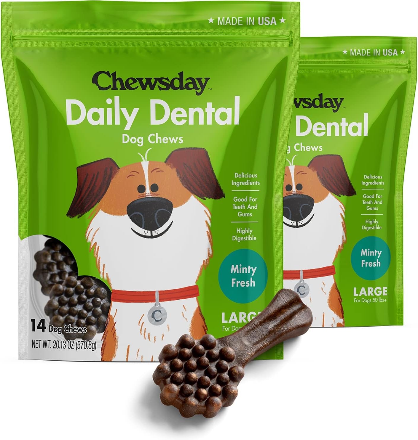 Large Minty Fresh Daily Dental Dog Chews, Made in the USA, Natural Highly-Digestible Oral Health Treats for Healthy Gums and Teeth - 28 Count