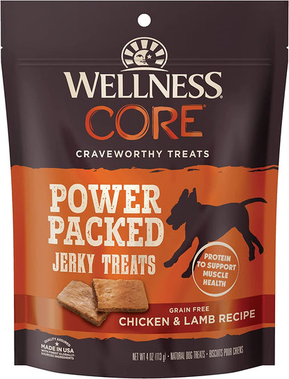 Wellness CORE Power Packed Dog Treats (Previously Pure Rewards), Grain-Free Tender Jerky Treats, Made in USA (Chicken & Lamb Recipe, 4-Ounce Bag)