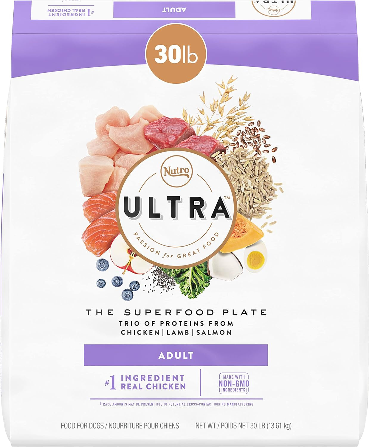 ULTRA Adult High Protein Natural Dry Dog Food with a Trio of Proteins from Chicken, Lamb and Salmon, 30 Lb. Bag