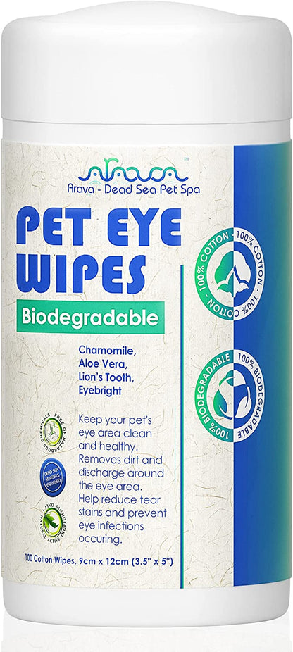 Arava Pet Eye Wipes - for Dogs Cats Puppies & Kittens - 100 Count - Natural and Aromatherapy Medicated - Removes Dirt Crust and Discharge - Prevents Tear Stains (Biodegradable Pet Eye Wipes)