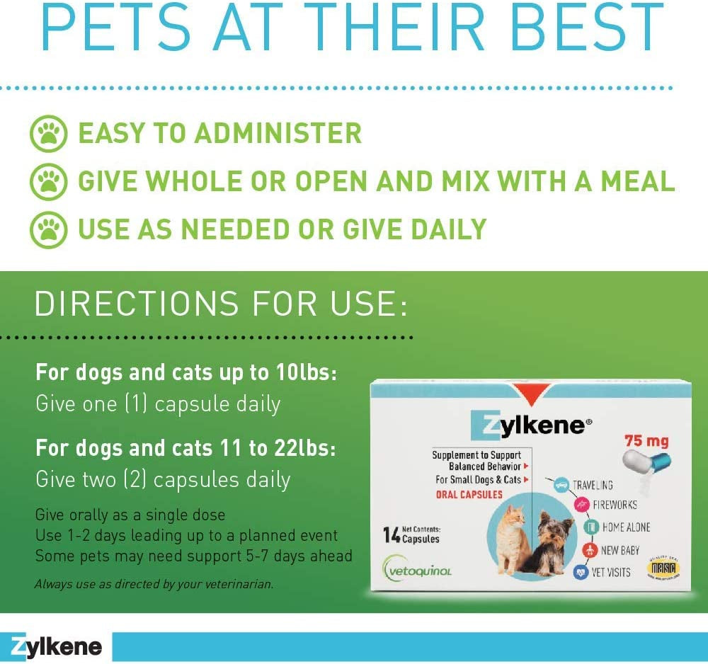 Zylkene Behavior Support Capsules for Small Dogs and Cats, Calming All Natural Milk Protein Supplement, Helps Relieve Dog Anxiety and Cat Anxiety during Fireworks and Thunder, 75Mg