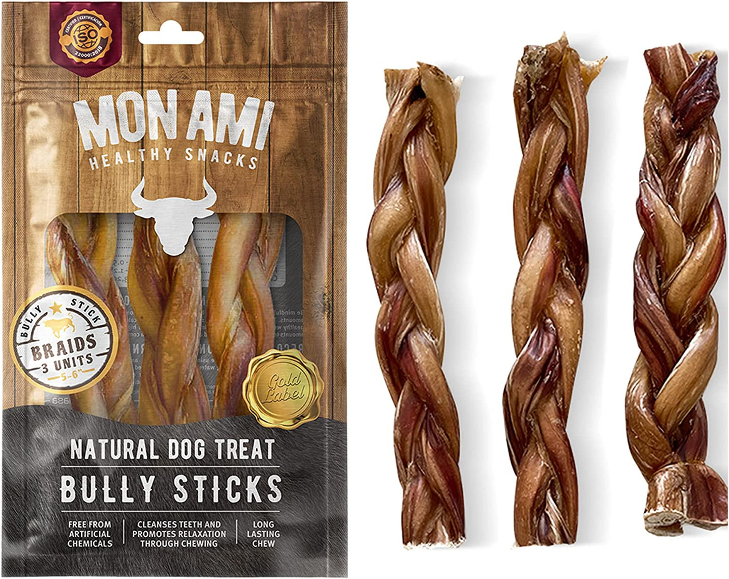 Mon Ami Braided Bully Sticks for Large and Small Dogs (5-6 Inches, Pack of 12) - Made from Grass Fed Beef Dog Treats - Natural Bully Sticks - Grain Free & High Protein Dog Snack