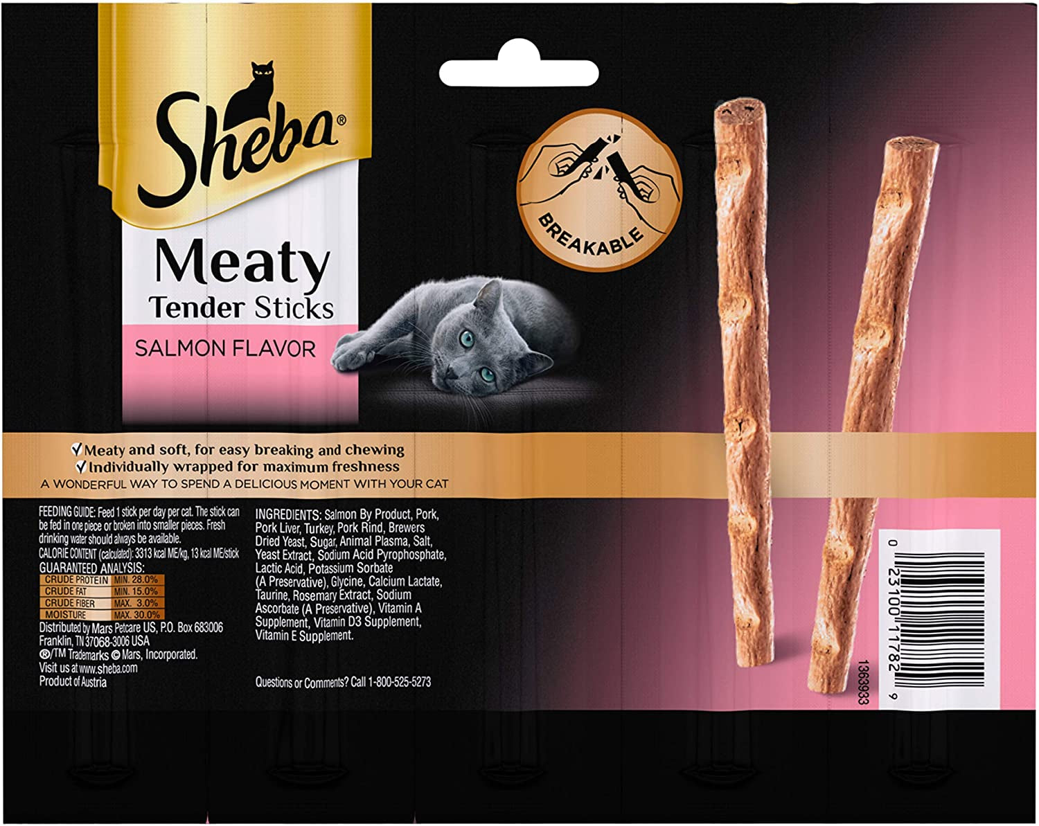 Meaty Tender Sticks Soft Cat Treats Salmon Flavor, 0.14 Oz Sticks (Pack of 10) (50 Sticks Total)