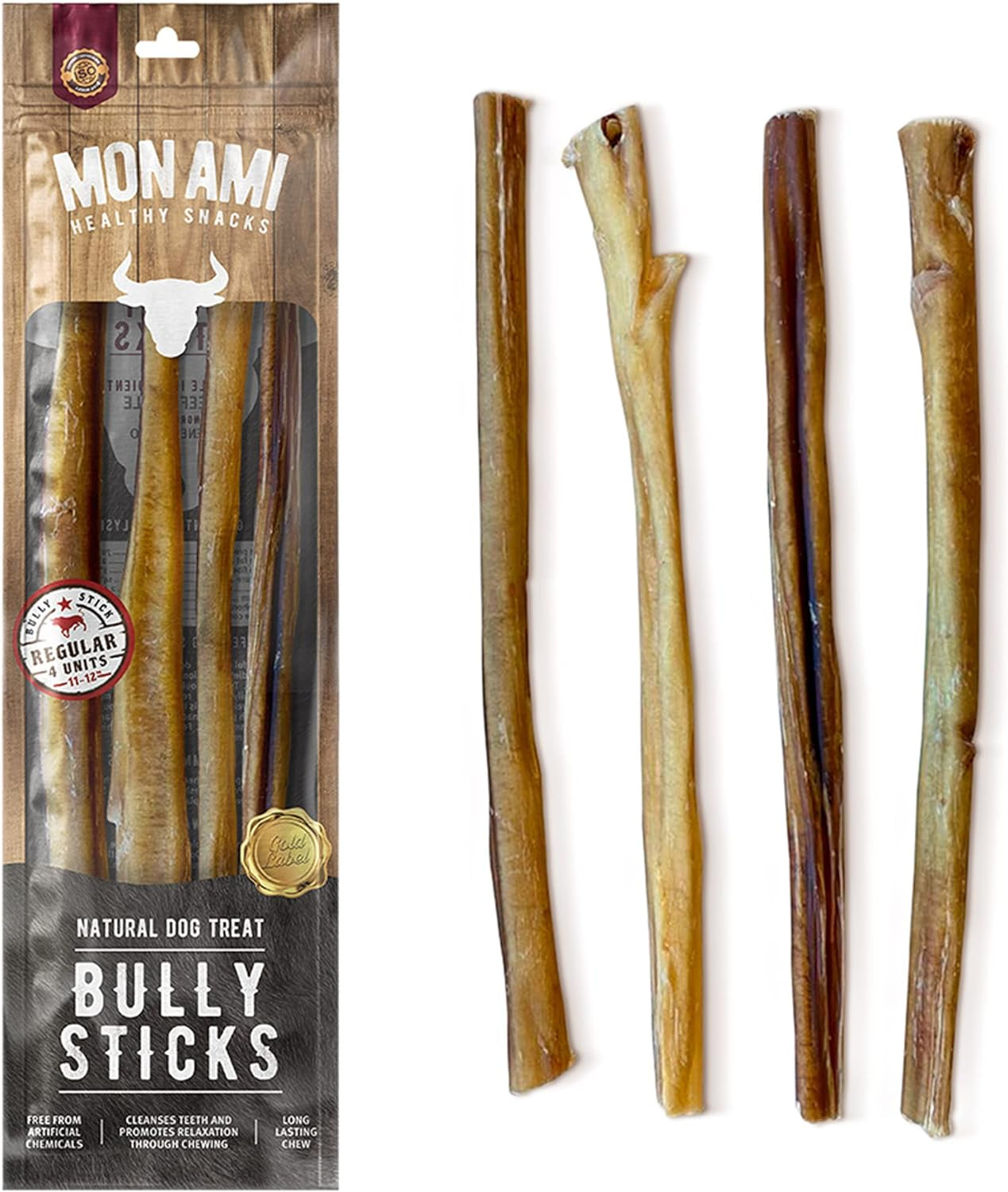 Mon Ami Regular Bully Sticks for Large and Small Dogs (11-12 Inches, Pack of 16) - Grass Fed Dog Treats - Bully Sticks Natural Dog Treat