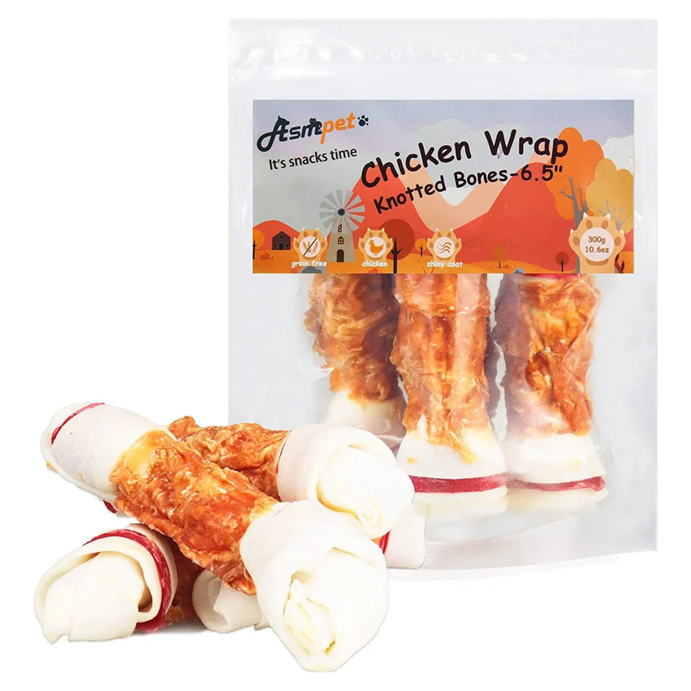 6.5" Rawhide Dog Bone, Long Lasting Chicken Wrapped Dog Treats (4 per Pack), Beefhide Bone for Large Dogs, 11Oz