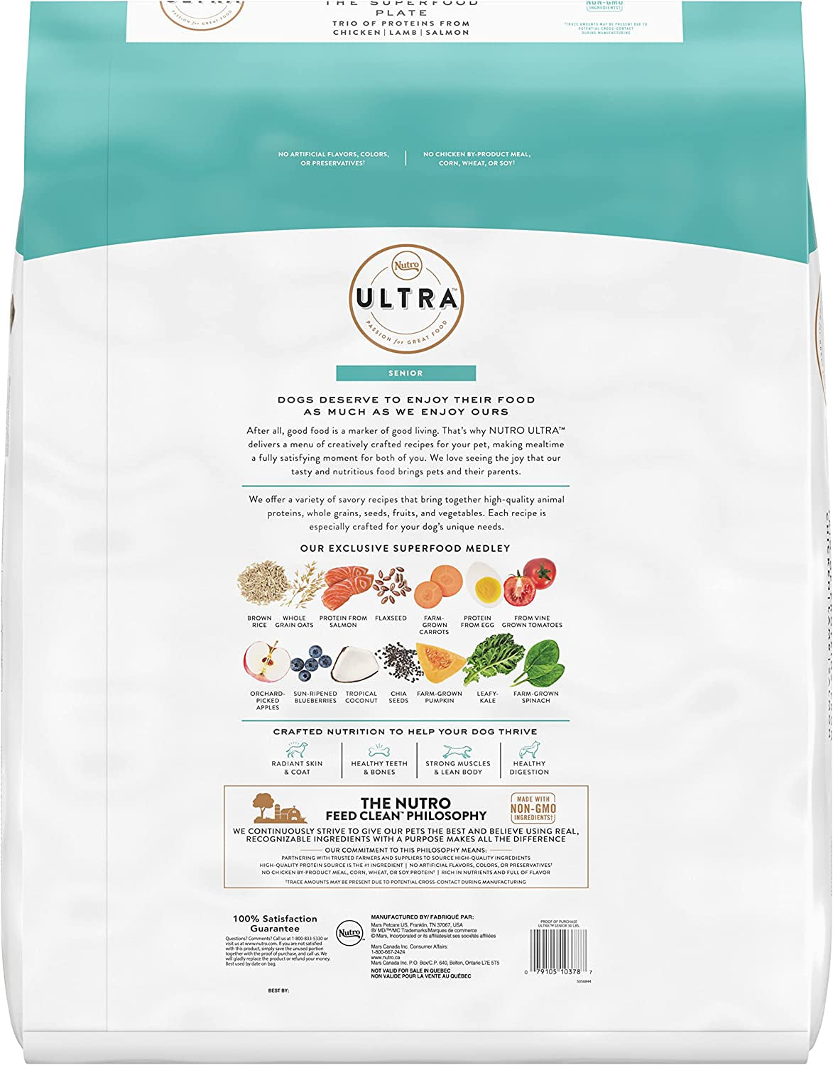 ULTRA Senior High Protein Natural Dry Dog Food with a Trio of Proteins from Chicken, Lamb and Salmon, 30 Lb. Bag