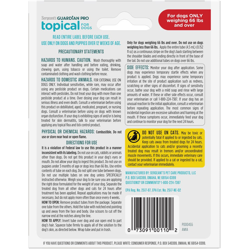 GUARDIAN Pro Flea & Tick Topical for Dogs, 66 Lbs and Over, 3 Count