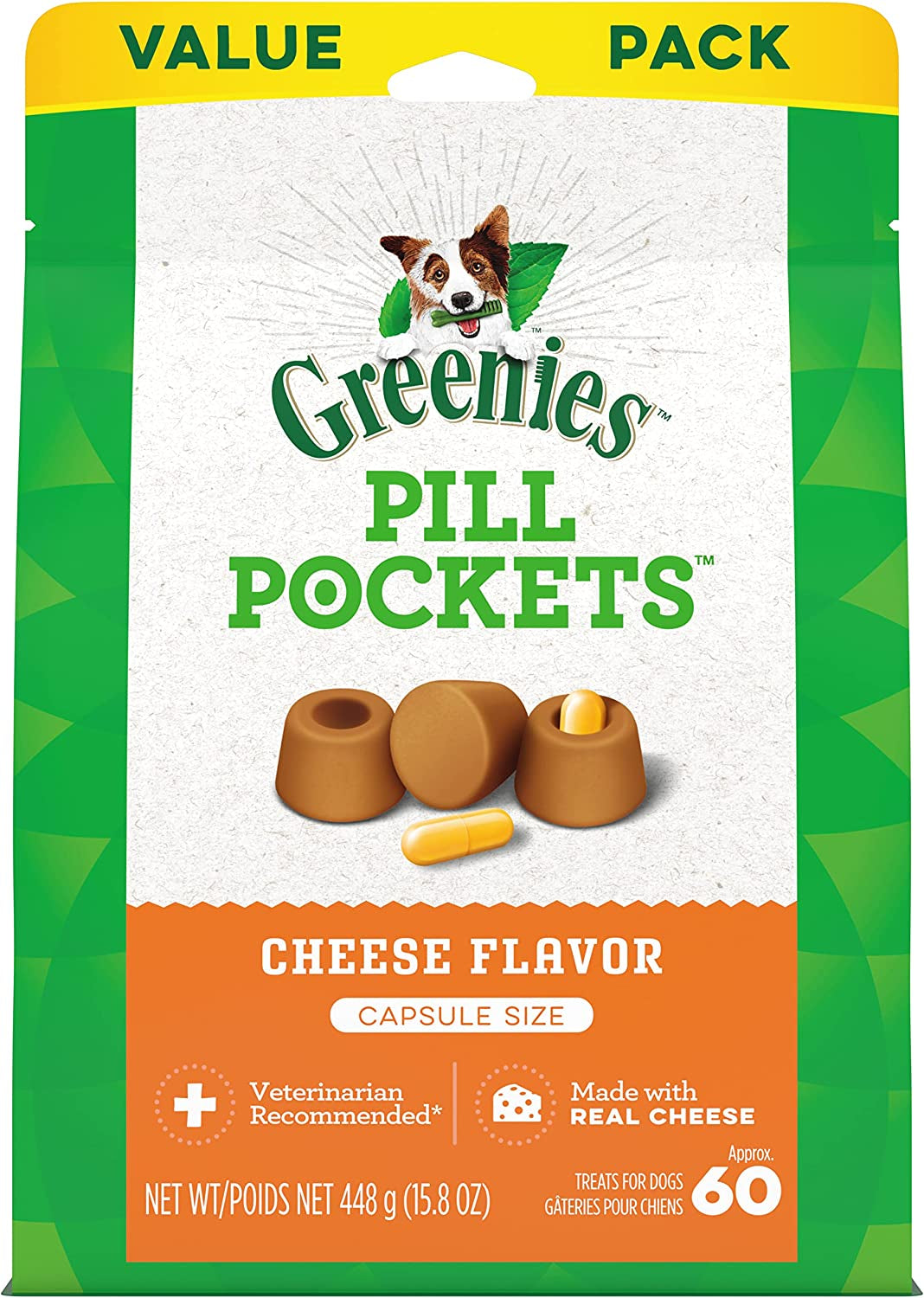 PILL POCKETS for Dogs Capsule Size Natural Soft Dog Treats, Cheese Flavor, 15.8 Oz. Pack (60 Treats)