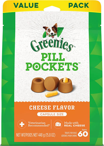 PILL POCKETS for Dogs Capsule Size Natural Soft Dog Treats, Cheese Flavor, 15.8 Oz. Pack (60 Treats)