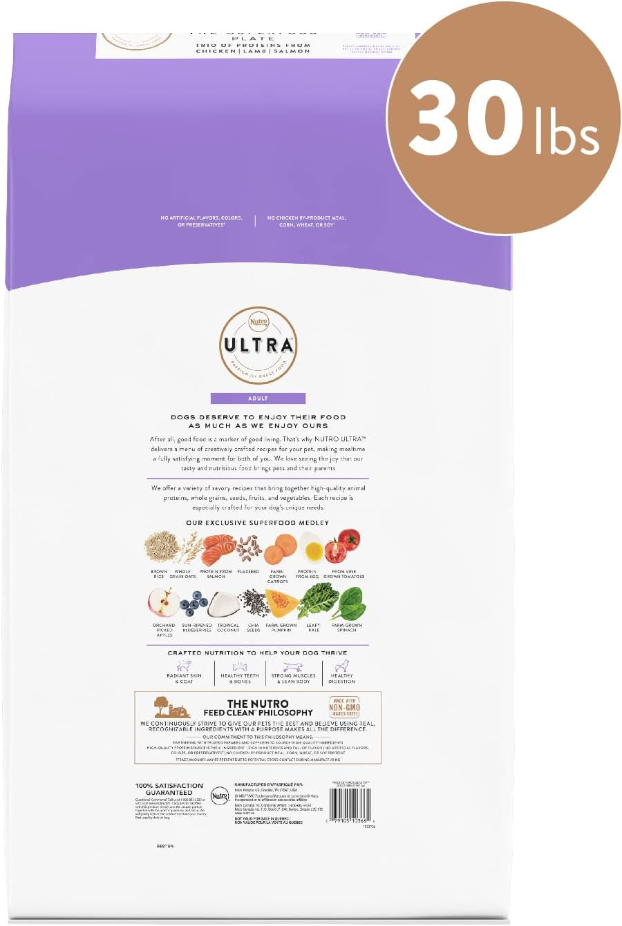 ULTRA Adult High Protein Natural Dry Dog Food with a Trio of Proteins from Chicken, Lamb and Salmon, 30 Lb. Bag