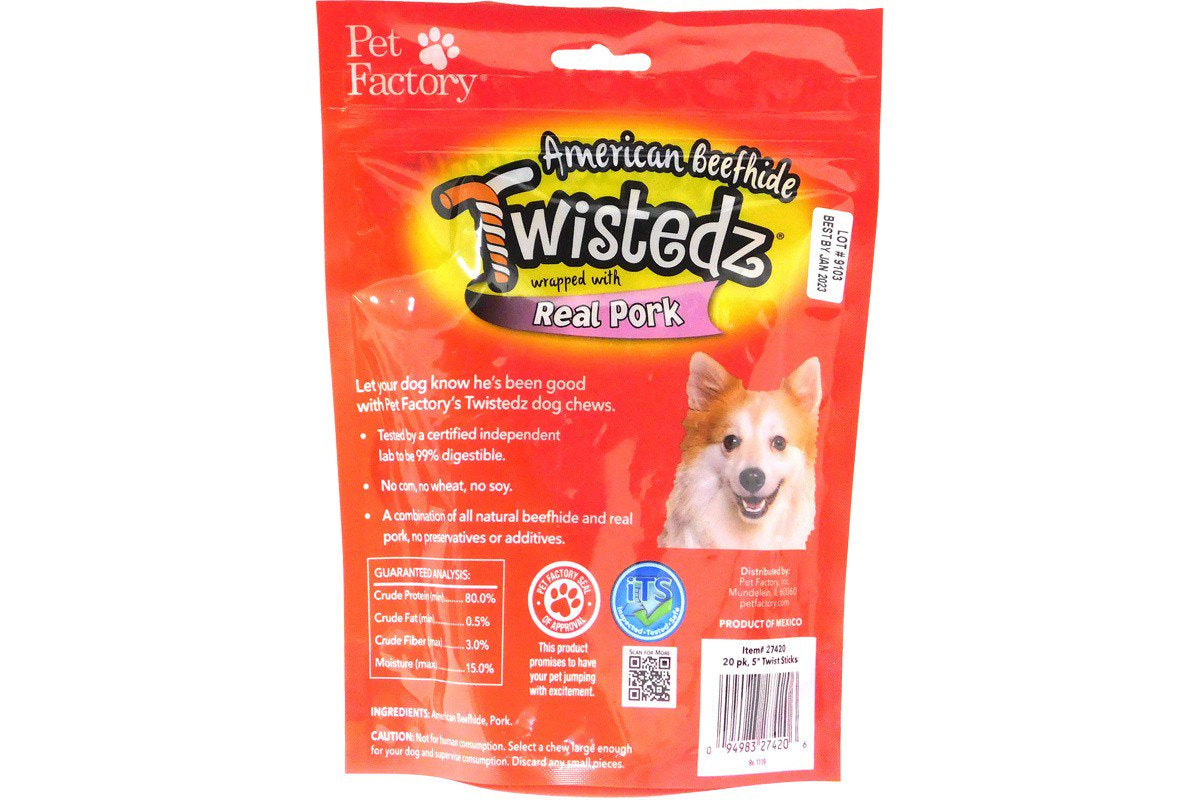 Twistedz American Beefhide Twist Sticks W/ Pork Meat Wrap - 5", 20 Count