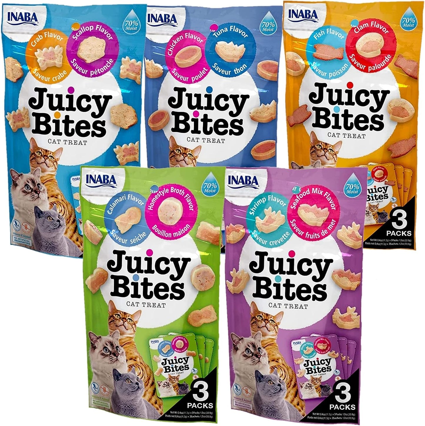 Juicy Bites Grain-Free, Soft, Moist, Chewy Cat Treats with Vitamin E and Green Tea Extract, 0.4 Ounces per Pouch, 15 Pouches (3 per Pouch), 5 Flavor Variety Pack