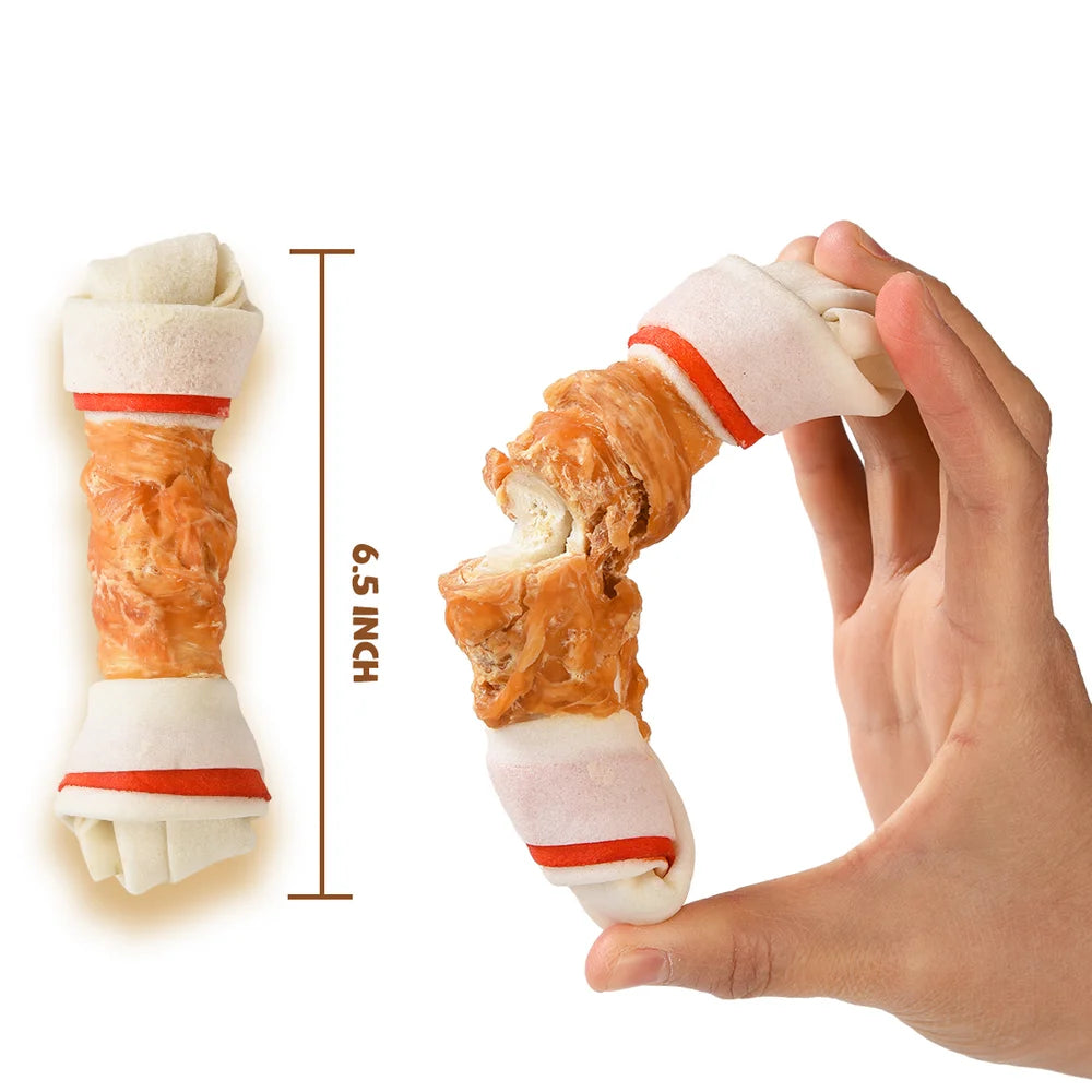 6.5" Rawhide Dog Bone, Long Lasting Chicken Wrapped Dog Treats (4 per Pack), Beefhide Bone for Large Dogs, 11Oz