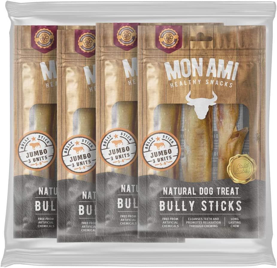 Mon Ami Jumbo Bully Sticks for Large and Small Dogs (5-6 Inches, Pack of 12) - Grass Fed Dog Treats - Bully Sticks Natural Dog Treat