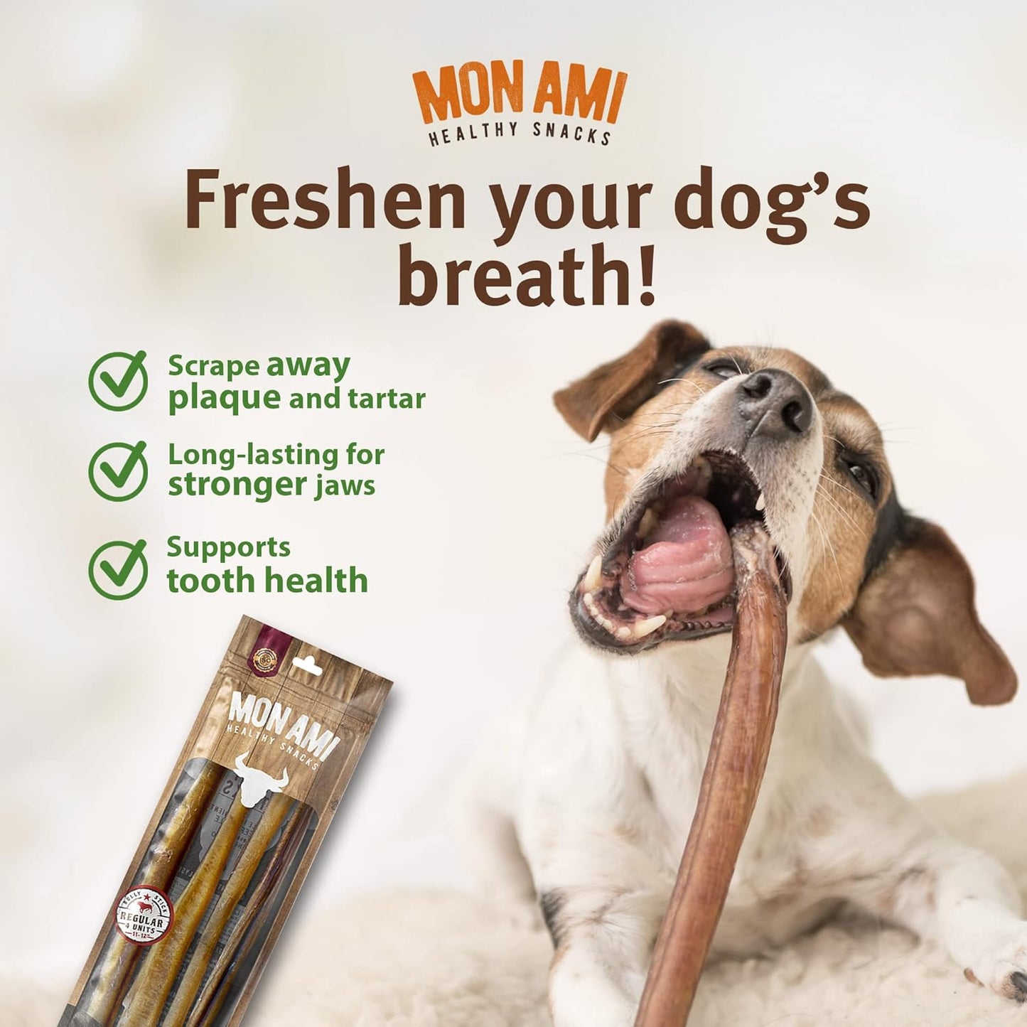 Mon Ami Regular Bully Sticks for Large and Small Dogs (11-12 Inches, Pack of 16) - Grass Fed Dog Treats - Bully Sticks Natural Dog Treat