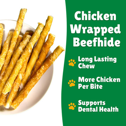 Chicken Wrapped Beefhide, Natural Chicken Rawhide Sticks for Dogs, Long Lasting Canine Twists, Gluten Free Chicken Dog Rawhide Chews, Small Dog Training Treats, 20 Chews