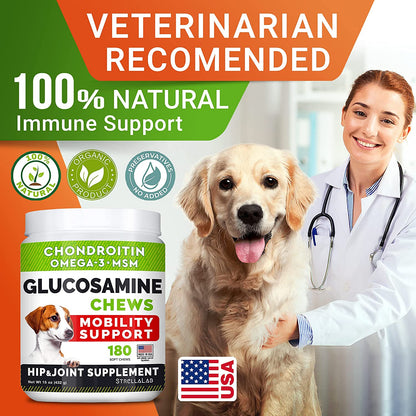 Glucosamine Treats for Dogs - Joint Supplement W/ Omega-3 Fish Oil - Chondroitin, MSM - Advanced Mobility Chews - Joint Pain Relief - Hip & Joint Care - Chicken Flavor - 180 Ct - Made in USA