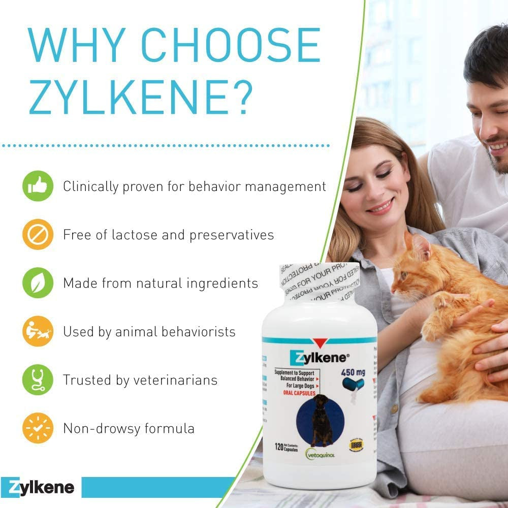 Zylkene Behavior Support Capsules for Large Dogs 33-132Lbs, Calming All Natural Milk Protein Supplement, Helps Relieve Dog Anxiety during Fireworks and Thunder, 450Mg