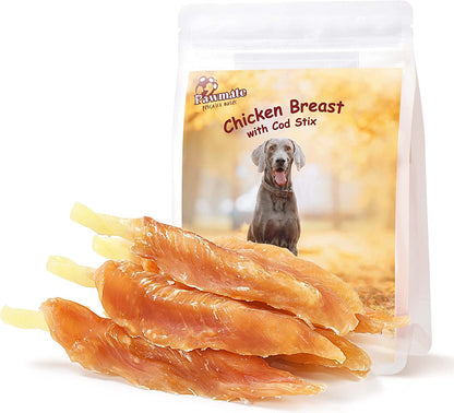 High in Chicken Cod Fish Sticks in Whole Chicken Breast Dog Treats, Chicken Jerky Wrapped for Small Medium Large Dogs 10.58OZ