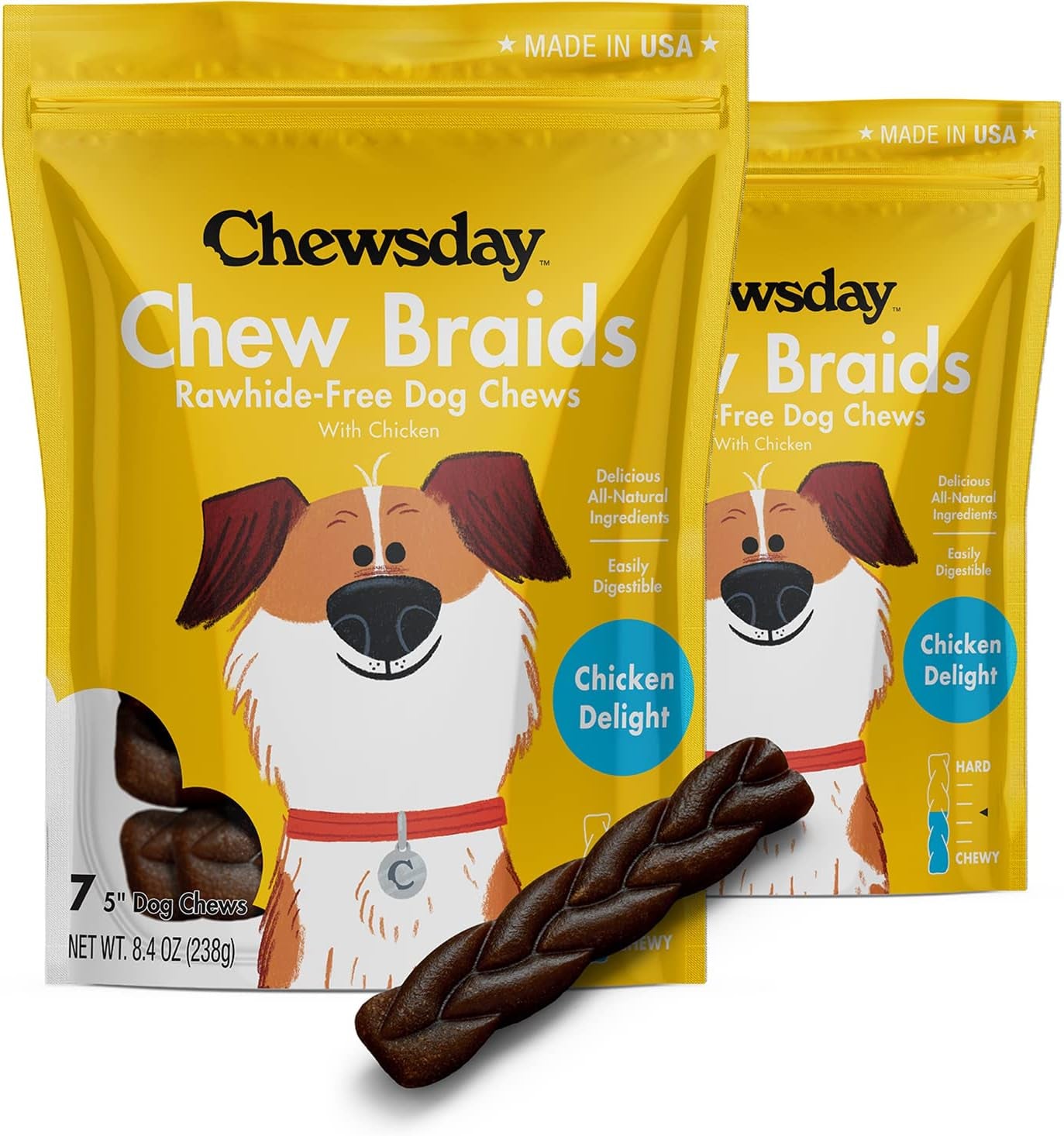 5-Inch Dog Chew Braids, Made in the USA, All Natural Rawhide-Free Highly-Digestible Treats, Chicken Delight - 14 Count