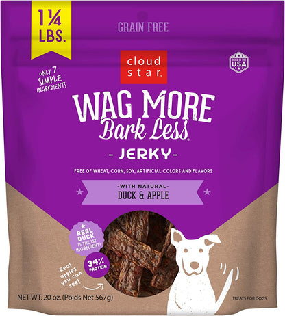 Wag More Bark Less Grain Free Jerky Dog Treat, Meat Treats Made in the USA, Duck & Apple 20 Oz.