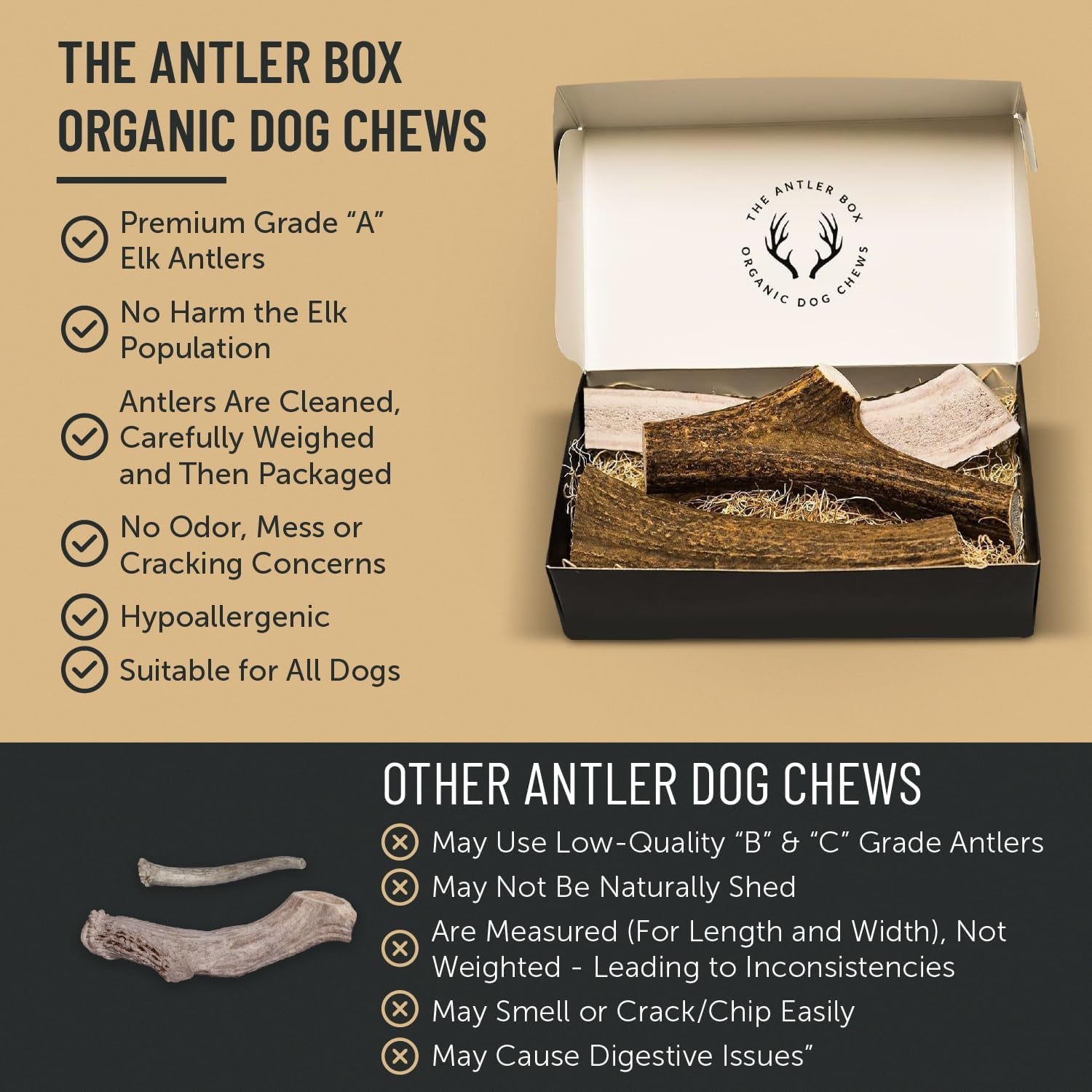 Premium Elk Antler Dog Chews (1 Pound Box) (Medium (4 Pieces) Whole/Split Mixed)