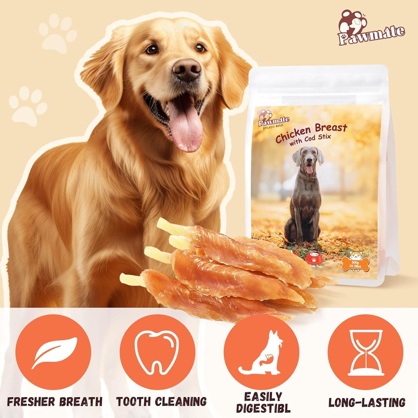 High in Chicken Cod Fish Sticks in Whole Chicken Breast Dog Treats, Chicken Jerky Wrapped for Small Medium Large Dogs 10.58OZ