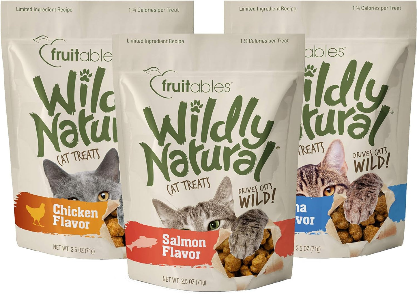 Wildly Natural Cat Treat Variety Pack with Chicken, Tuna and Salmon, 3 Pack, (1) 2.5 Ounce Bag of Each Flavor