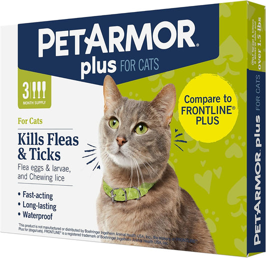 plus for Cats, Flea & Tick Prevention for Cats over 1.5 Lbs, Waterproof and Fast-Acting Topical Flea and Tick Medication, 3 Month of Treatment, 3 Count