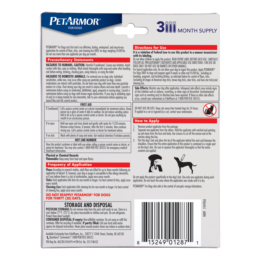 Flea & Tick Treatment for Large Dogs, 45 to 88 Pounds, 3 Monthly Applications