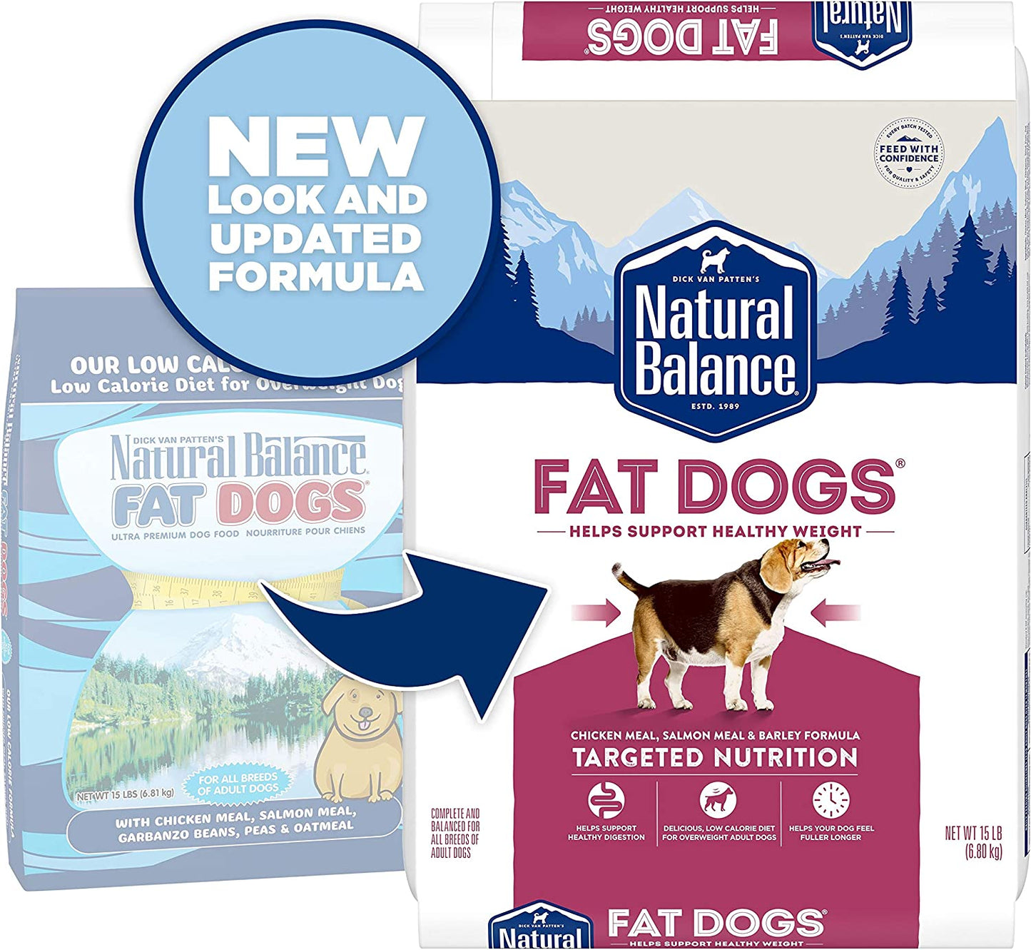 Fat Dogs Low Calorie Dry Dog Food, Chicken Meal, Salmon Meal, Garbanzo Beans, Peas & Oatmeal, 15 Pounds (Packaging May Vary)