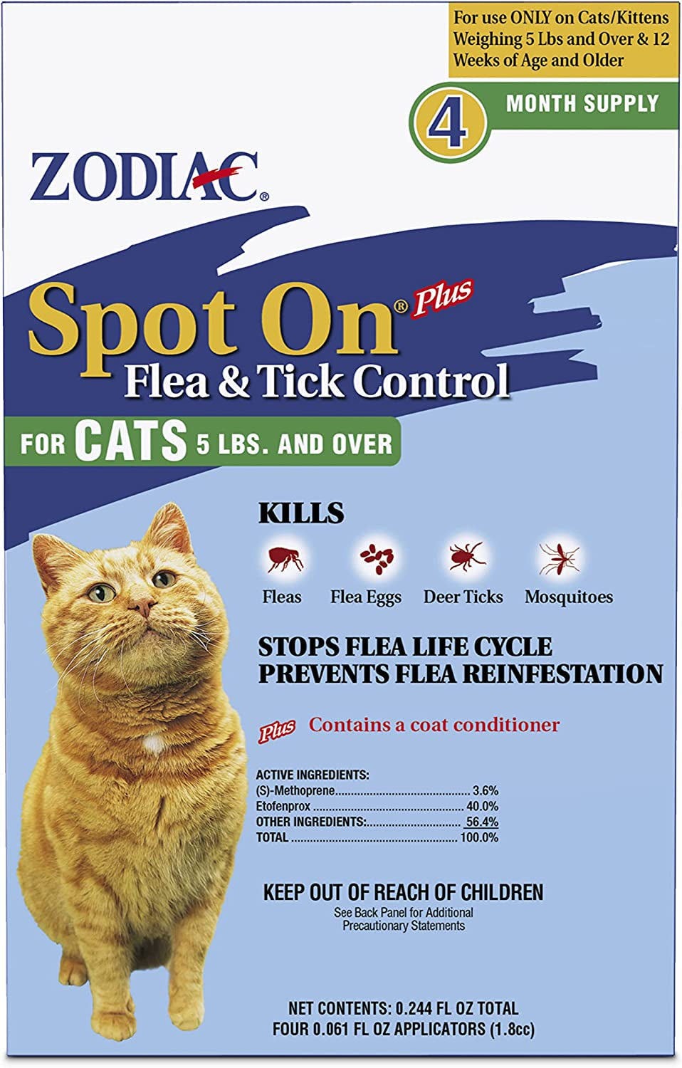 Spot on plus Flea & Tick Control for Cats 5 Lbs and over 4 Pack