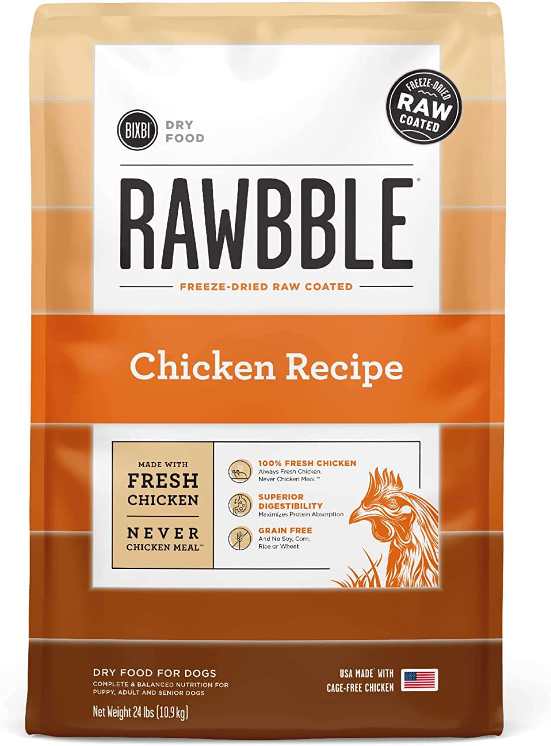 Rawbble Dry Dog Food, Chicken, 24 Lbs - USA Made with Fresh Meat - No Meat Meal & No Corn, Soy or Wheat - Freeze Dried Raw Coated Dog Food - Minimally Processed for Superior Digestibility