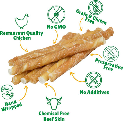 Chicken Wrapped Beefhide, Natural Chicken Rawhide Sticks for Dogs, Long Lasting Canine Twists, Gluten Free Chicken Dog Rawhide Chews, Small Dog Training Treats, 20 Chews