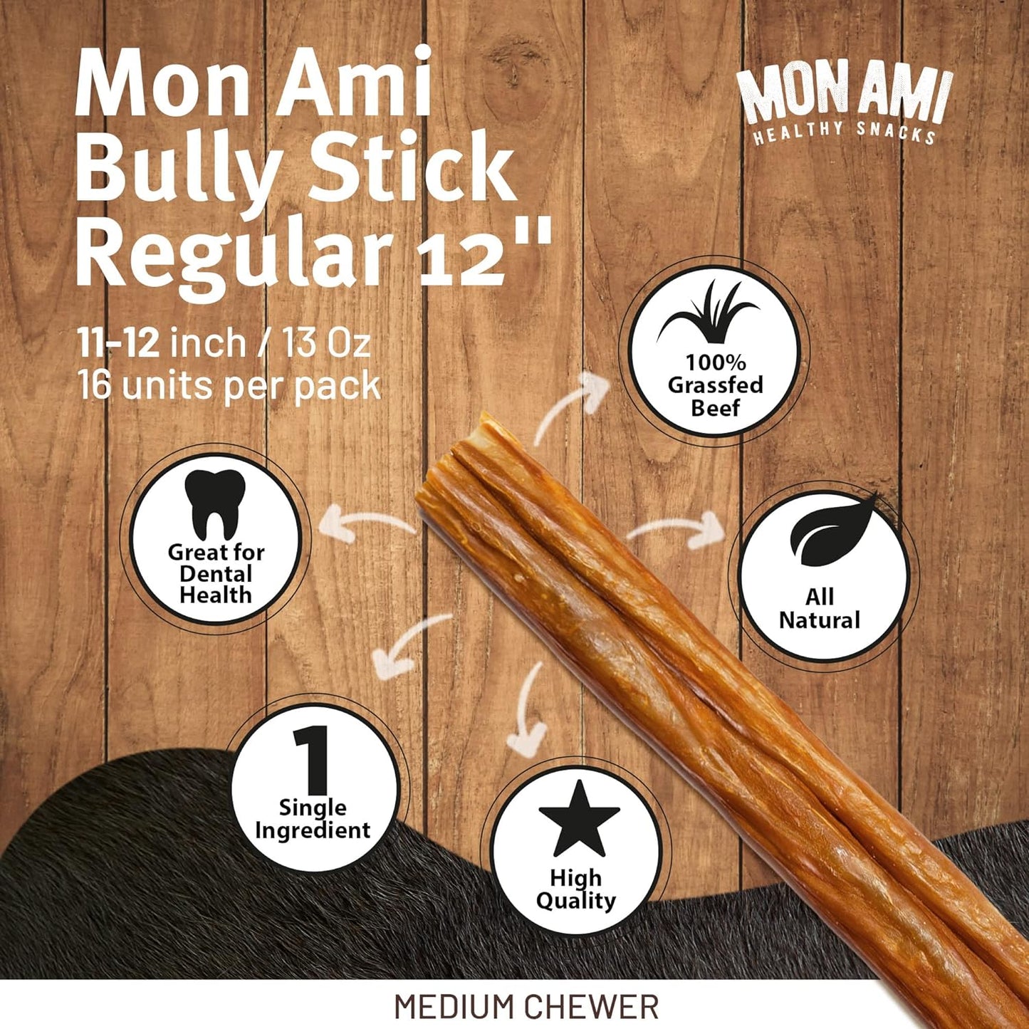 Mon Ami Regular Bully Sticks for Large and Small Dogs (11-12 Inches, Pack of 16) - Grass Fed Dog Treats - Bully Sticks Natural Dog Treat