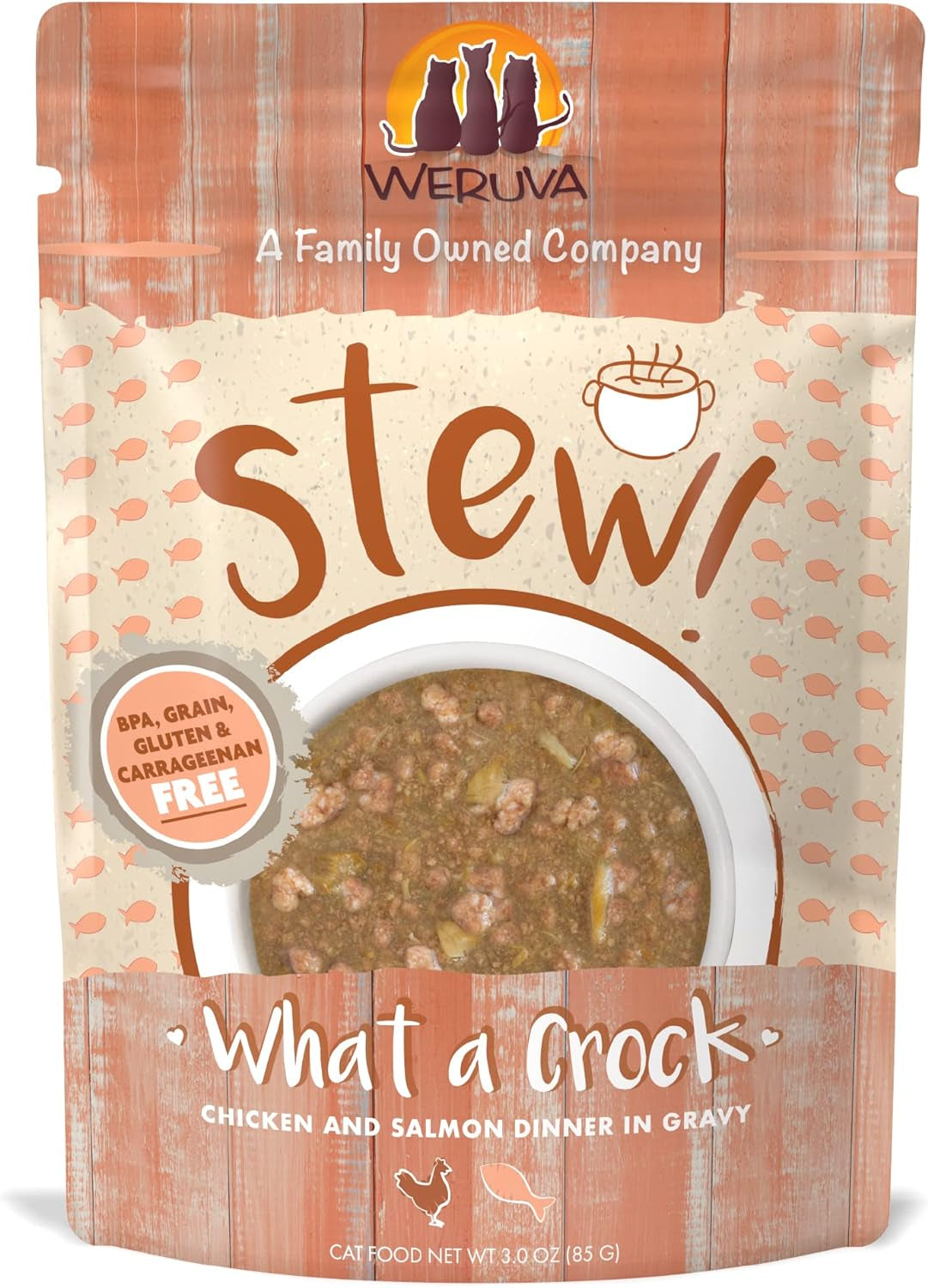 Classic Cat Stews!, What a Crock with Chicken & Salmon in Gravy, 3Oz Pouch (Pack of 12)