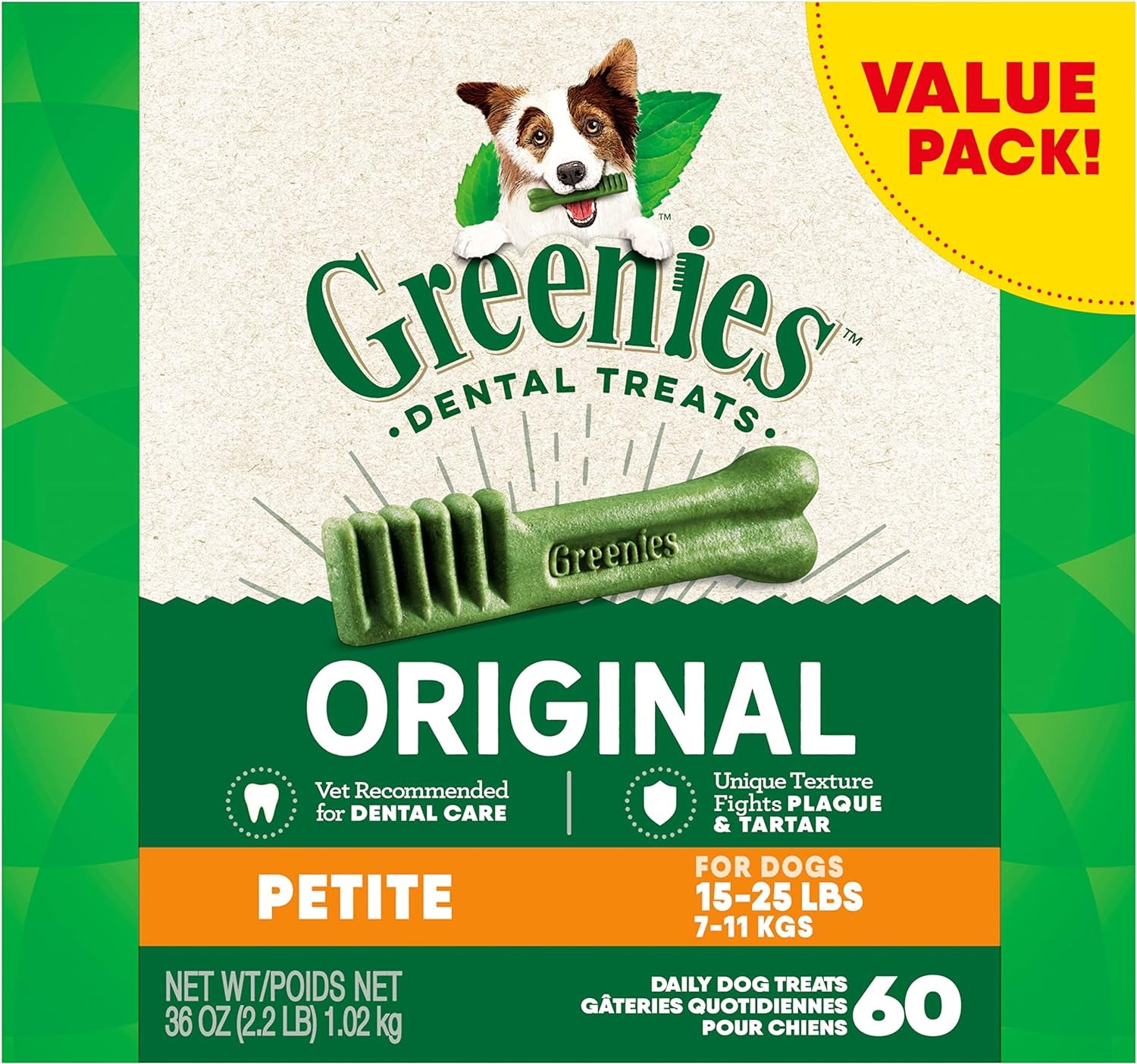 Original Petite Natural Dog Dental Care Chews Oral Health Dog Treats, 36 Oz. Pack (60 Treats)